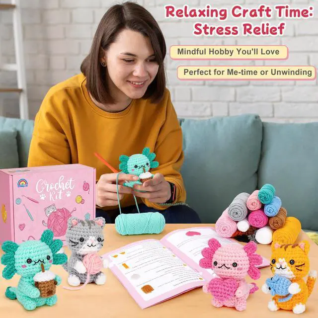 Alt view image 6 of 7 - Crochet Kit for Beginners, Axolotls & Cat Crochet Kit for Adults Beginner, Complete Crochet Animals Starter Kit with Step-by-Step Video Tutorials, Easy Knitting Kit Cat Crafts Gifts