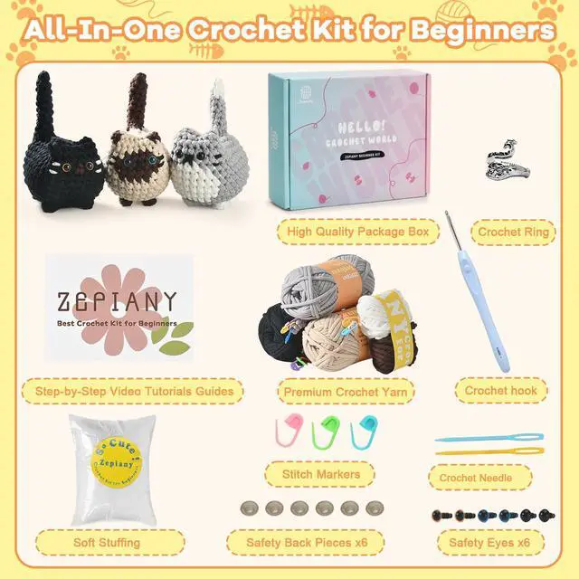 Alt view image 2 of 6 - Crochet Kit for Beginners, Crochet Cat Beginner Crochet Kit for Adults, Amigurumi Crochet Animals Cat Crafts Crochet Kits, Easy Knitting Kit Galentines Day