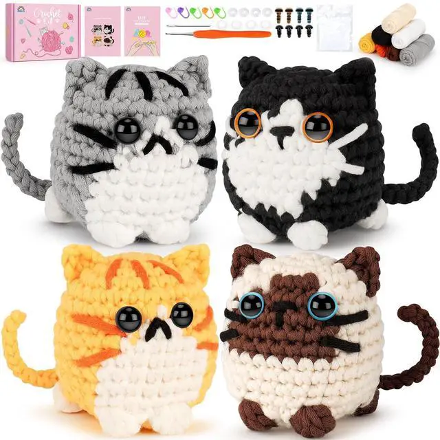 Main image of Crochet Kit for Beginners, 4-Pack Adorable Cat Crochet Kits, Beginner Crochet Kit for Adults Kid, Crochet Animal Kit for Starter w/ Step-by-Step Video Tutorials, Crochet Gifts for Cat Lovers