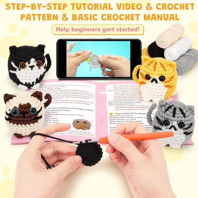 Alt view image 2 of 7 - Crochet Kit for Beginners, 4-Pack Adorable Cat Crochet Kits, Beginner Crochet Kit for Adults Kid, Crochet Animal Kit for Starter w/ Step-by-Step Video Tutorials, Crochet Gifts for Cat Lovers