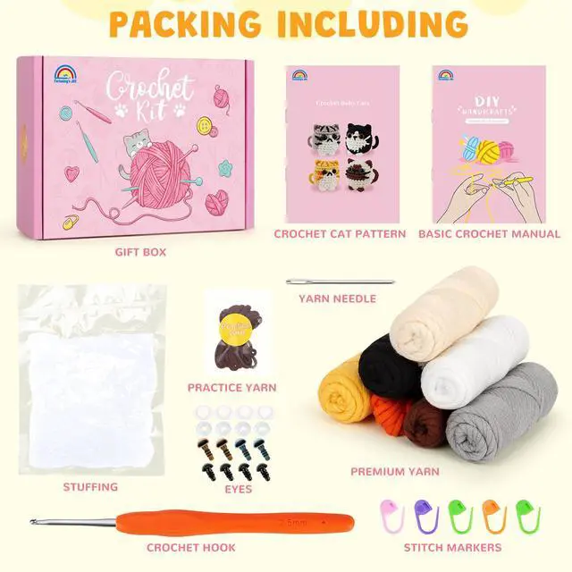 Alt view image 3 of 7 - Crochet Kit for Beginners, 4-Pack Adorable Cat Crochet Kits, Beginner Crochet Kit for Adults Kid, Crochet Animal Kit for Starter w/ Step-by-Step Video Tutorials, Crochet Gifts for Cat Lovers