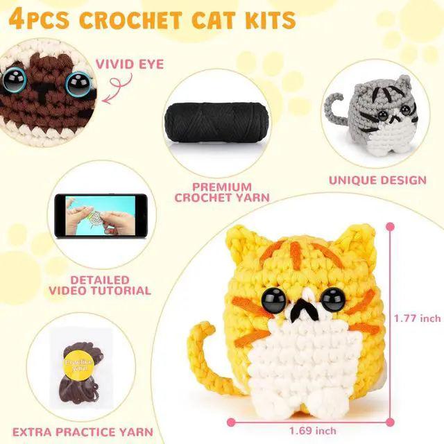 Alt view image 4 of 7 - Crochet Kit for Beginners, 4-Pack Adorable Cat Crochet Kits, Beginner Crochet Kit for Adults Kid, Crochet Animal Kit for Starter w/ Step-by-Step Video Tutorials, Crochet Gifts for Cat Lovers