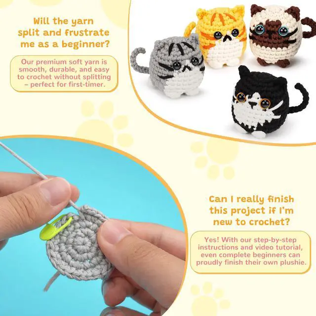 Alt view image 7 of 7 - Crochet Kit for Beginners, 4-Pack Adorable Cat Crochet Kits, Beginner Crochet Kit for Adults Kid, Crochet Animal Kit for Starter w/ Step-by-Step Video Tutorials, Crochet Gifts for Cat Lovers