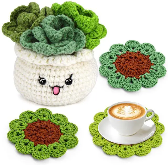 Main image of Crochet Kit for Beginners, 3PCS Coasters Potted Plants Crochet Starter Kit for Beginners Adults, Knitting Kit with Step-by-Step Video Tutorials and Crochet Yarns for DIY Christmas Decoration