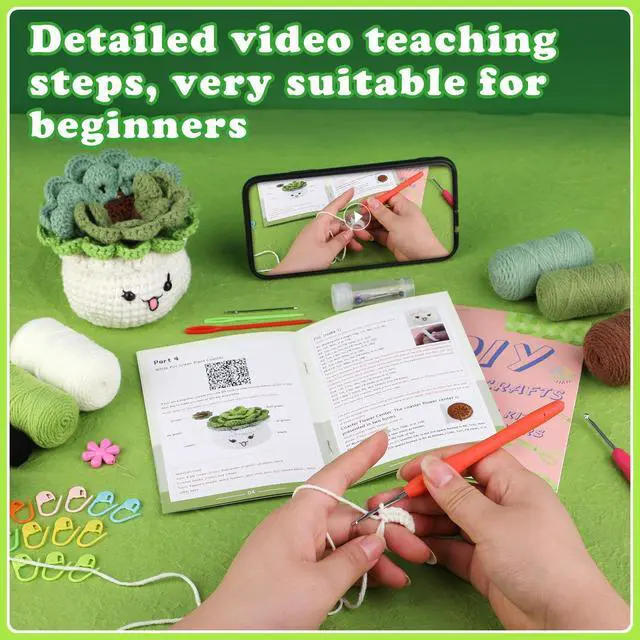 Alt view image 3 of 7 - Crochet Kit for Beginners, 3PCS Coasters Potted Plants Crochet Starter Kit for Beginners Adults, Knitting Kit with Step-by-Step Video Tutorials and Crochet Yarns for DIY Christmas Decoration