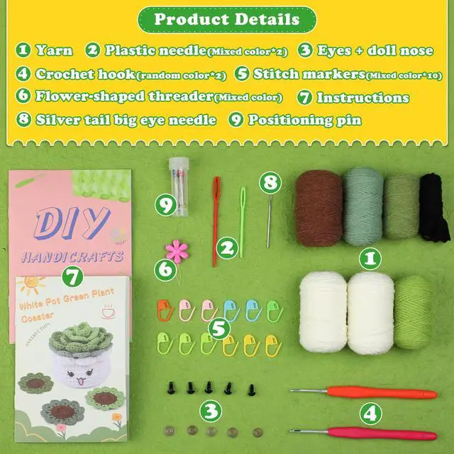 Alt view image 2 of 7 - Crochet Kit for Beginners, 3PCS Coasters Potted Plants Crochet Starter Kit for Beginners Adults, Knitting Kit with Step-by-Step Video Tutorials and Crochet Yarns for DIY Christmas Decoration