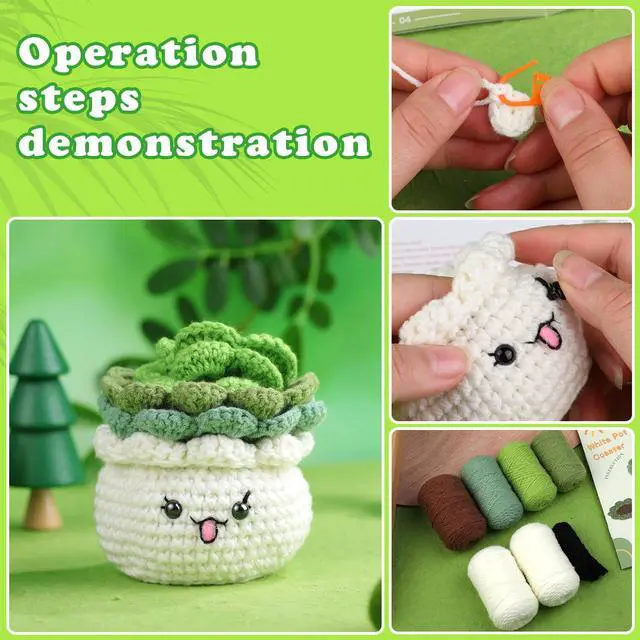 Alt view image 4 of 7 - Crochet Kit for Beginners, 3PCS Coasters Potted Plants Crochet Starter Kit for Beginners Adults, Knitting Kit with Step-by-Step Video Tutorials and Crochet Yarns for DIY Christmas Decoration