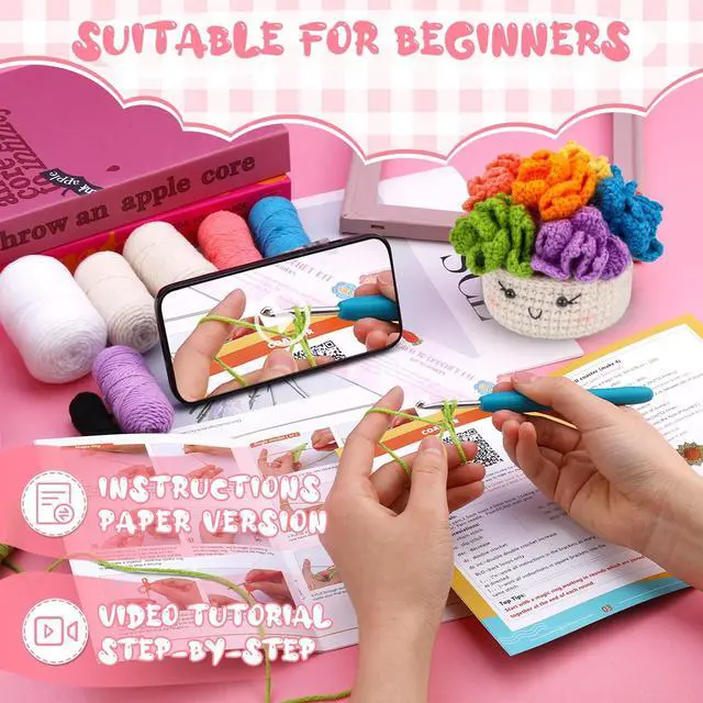 Alt view image 3 of 7 - Crochet Kit for Beginners, 6PCS Crochet Starter Kit, Potted Plant Coasters Crochet Kit with Step-by-Step Video Tutorials, Crochet Hooks, Learn to Crochet Kits for Adult Beginners