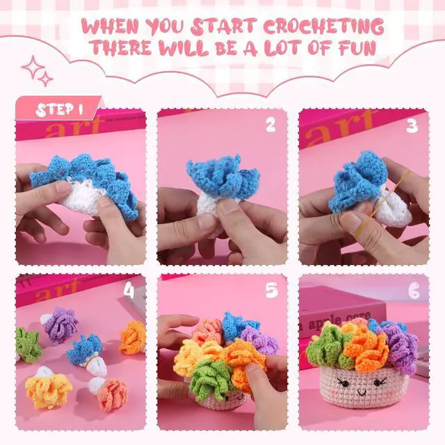 Alt view image 5 of 7 - Crochet Kit for Beginners, 6PCS Crochet Starter Kit, Potted Plant Coasters Crochet Kit with Step-by-Step Video Tutorials, Crochet Hooks, Learn to Crochet Kits for Adult Beginners