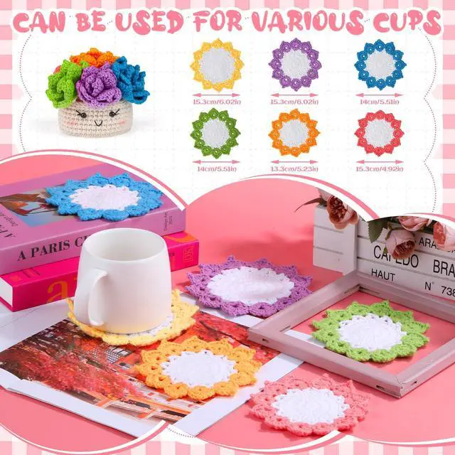 Alt view image 6 of 7 - Crochet Kit for Beginners, 6PCS Crochet Starter Kit, Potted Plant Coasters Crochet Kit with Step-by-Step Video Tutorials, Crochet Hooks, Learn to Crochet Kits for Adult Beginners