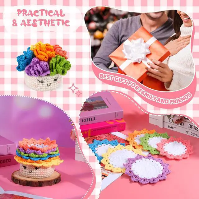 Alt view image 7 of 7 - Crochet Kit for Beginners, 6PCS Crochet Starter Kit, Potted Plant Coasters Crochet Kit with Step-by-Step Video Tutorials, Crochet Hooks, Learn to Crochet Kits for Adult Beginners