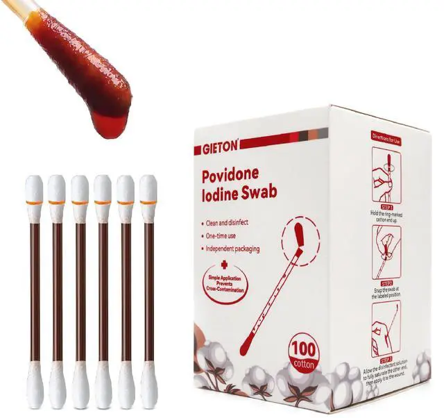 Main image of 100-count Disposable Povidone Iodine Swabs, Iodine Cotton swabs, Iodine swabsticks, Wound Care, Gentle Care and Emergency Care for The Whole Family.