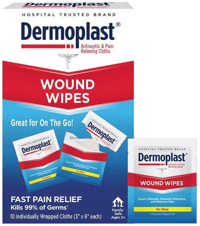 Main image of Wound Wipes, Medicated Antiseptic Wipes, First Aid Cloths, Analgesic for Minor Cuts, Scrapes and Burns on The Go, Sting Free Formula, 10 Individual Cloths (Packaging May Vary)
