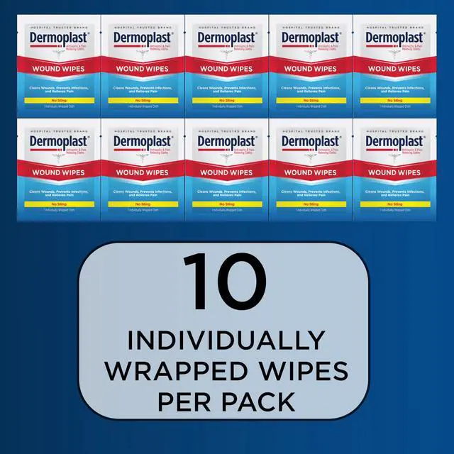 Alt view image 5 of 7 - Wound Wipes, Medicated Antiseptic Wipes, First Aid Cloths, Analgesic for Minor Cuts, Scrapes and Burns on The Go, Sting Free Formula, 10 Individual Cloths (Packaging May Vary)