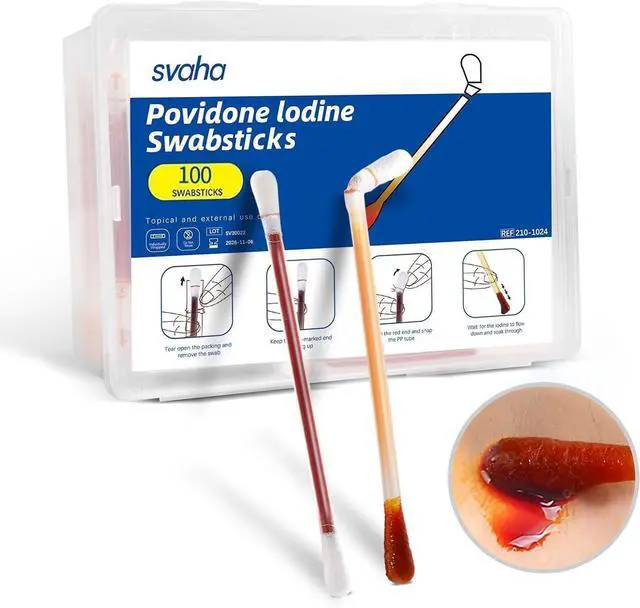Main image of Povidone Iodine Swabsticks, 100 Count, Individually Wrapped with Snap-Release Solution, Skin Prep Swabs for First Aid Kits, Wound Care & Travel with PP Storage Case