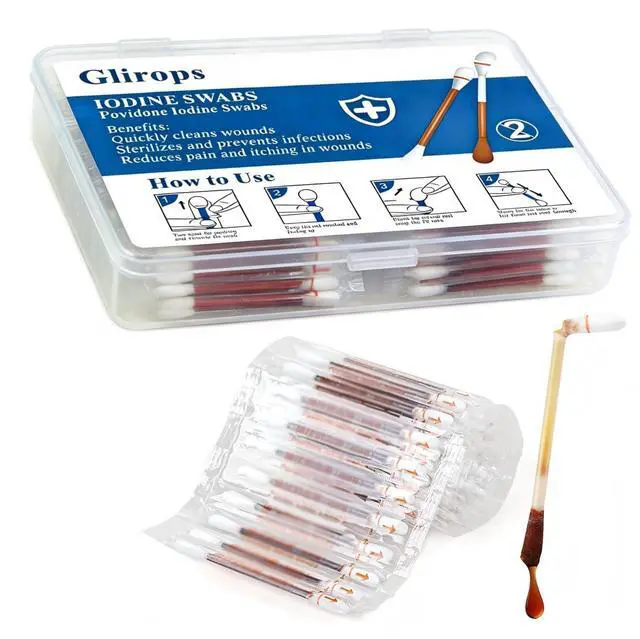 Main image of 100 Sticks Povidone Iodine Swabsticks - FSA/HSA Snap-to-Activate Iodine Swabs for First Aid & Nasal Care, 10% Solution Wound Care Supplies, Individually Wrapped in Reusable Case
