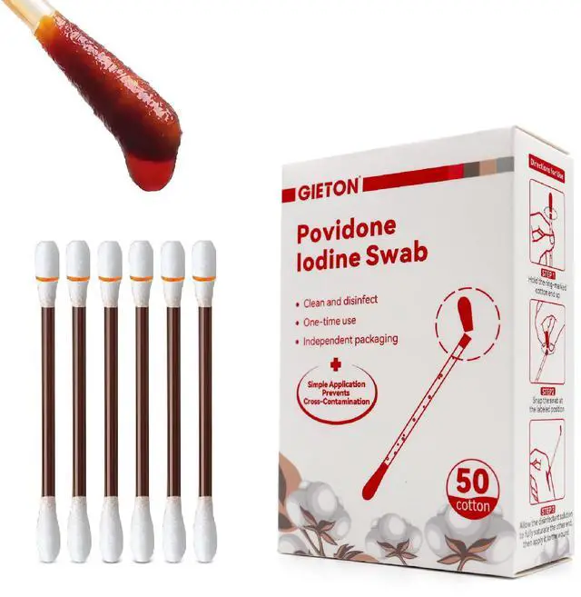Main image of 50-Count Disposable Povidone Iodine Swabs, Iodine Cotton swabs, Iodine swabsticks, Wound Care, Gentle Care and Emergency Care for The Whole Family.