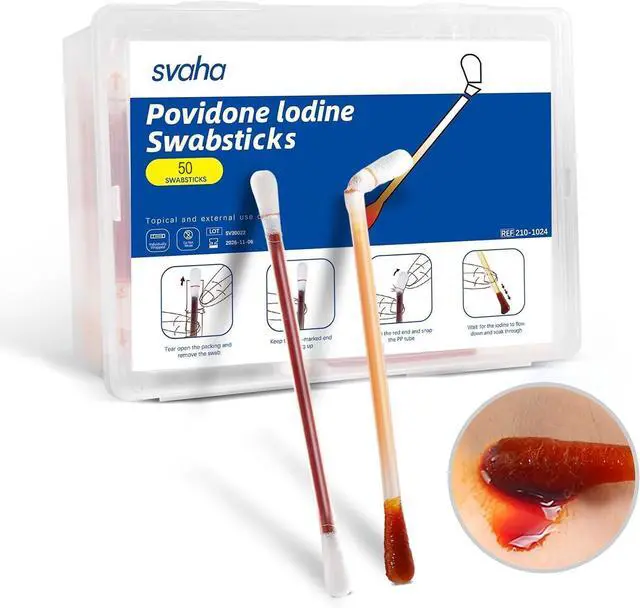 Main image of Povidone Iodine Swabsticks, 50 Count, Individually Wrapped with Snap-Release Solution, Skin Prep Swabs for First Aid Kits, Wound Care & Travel with PP Storage Case