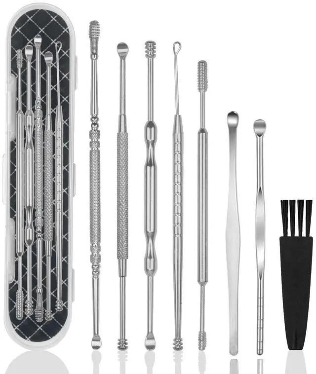 Main image of 8 Pcs Ear Wax Removal Kit,Professional Double-Headed Ear Pick Earwax Removal Tools,316L Stainless Steel Ear Cleaner Curette with Cleaning Brush and Storage Box,Suit for Kid Adult(Silver)