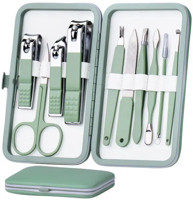 Main image of Manicure Set 10 in 1 Stainless Steel, Nail Clippers Scissors Pedicure Tools Kit - Portable Travel Grooming Kit for Men and Women with Leather Case (Jade Green)