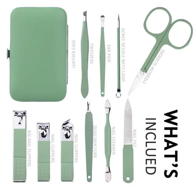 Alt view image 2 of 6 - Manicure Set 10 in 1 Stainless Steel, Nail Clippers Scissors Pedicure Tools Kit - Portable Travel Grooming Kit for Men and Women with Leather Case (Jade Green)