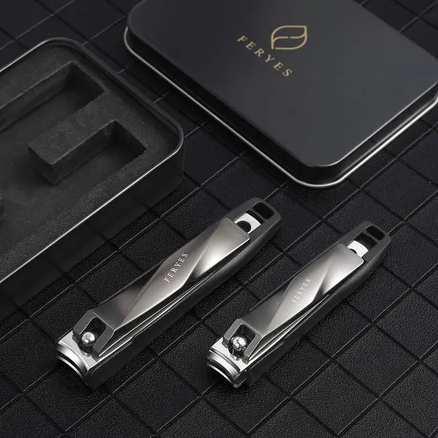 Alt view image 2 of 7 - Nail Clippers with Catcher 2 PCS Set, No Splash Fingernail Clipper and Toenail Clipper, Stainless Steel Nail Cutters - W/Black Metal Case Packing