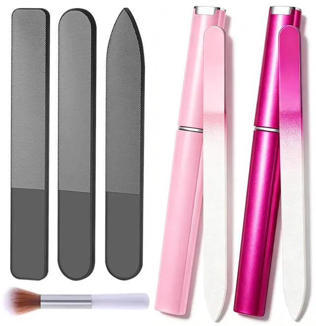 Main image of 5Pcs Glass Nail File Polisher Set for Natural Nails, 2Pcs Crystal Glass Fingernail Files with Case 3Pcs Nano Glass Nail Shiner Double Sided Etched Nail Buffer for Nail Care Manicure Salon Travel Home