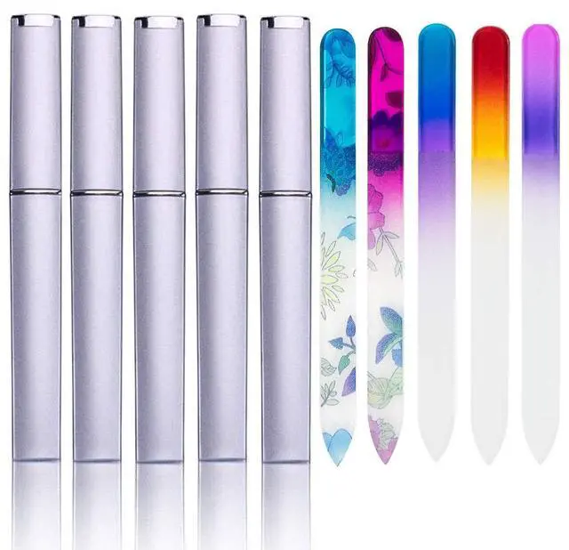 Main image of 5 Pack Glass Nail Files with Case Crystal Glass Fingernail Files Double Sided Glass Nail File Mixed Color Manicure Set for Gentle Nail Care Christmas Gifts Stocking Stuffers for Women