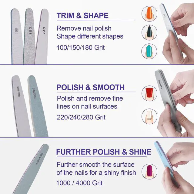 Alt view image 3 of 7 - Nail File and Buffer Set, 6 Pcs Professional Nail File Kit for Acrylic and Natural Nails, 100/150/180/220/240/280/1000/4000 Grit Soft Nail Filer Gel Nail Files & buffers Filing Emery Board Home Salon