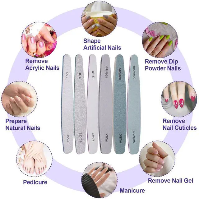 Alt view image 6 of 7 - Nail File and Buffer Set, 6 Pcs Professional Nail File Kit for Acrylic and Natural Nails, 100/150/180/220/240/280/1000/4000 Grit Soft Nail Filer Gel Nail Files & buffers Filing Emery Board Home Salon