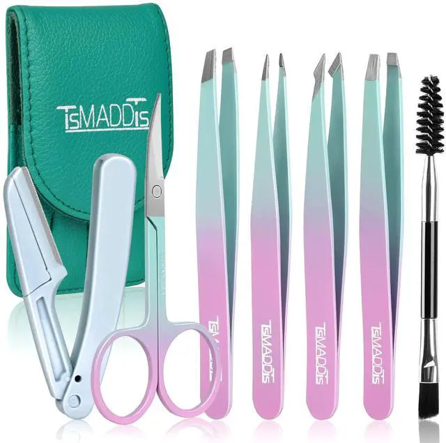Main image of 7 pcs Tweezers for Women Facial Hair, Precision Tweezer Set for Eyebrows with Curved Scissor and Eyebrow Razor for Ingrown Hair