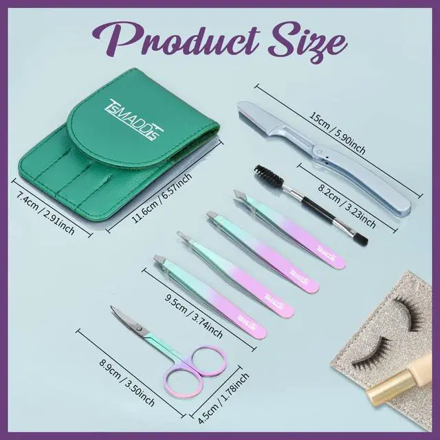 Alt view image 3 of 6 - 7 pcs Tweezers for Women Facial Hair, Precision Tweezer Set for Eyebrows with Curved Scissor and Eyebrow Razor for Ingrown Hair