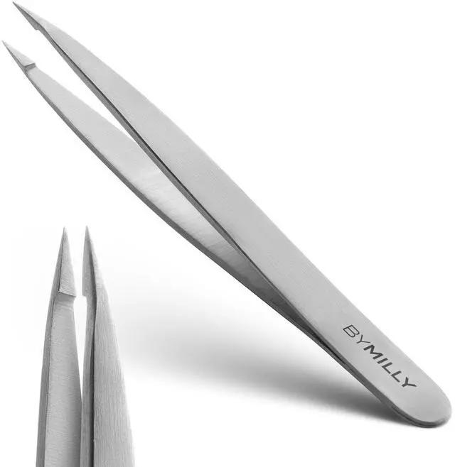 Main image of Pointed Tweezers | High Carbon Stainless Steel Needle Nose | Fine Point Precision Hair Removal | Perfectly Aligned & Hand-Filed Sharp | Silver