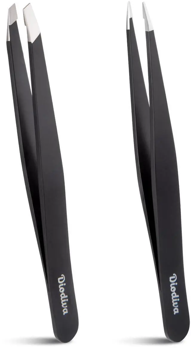 Main image of 2-Pack Tweezers for Eyebrows, Facial Hair, Ingrown Hair Removal, Slant and Point Tip Tweezer Set for Women and Men, Professional Stainless Steel Precision Eyebrow Plucking Grooming with Case - Black