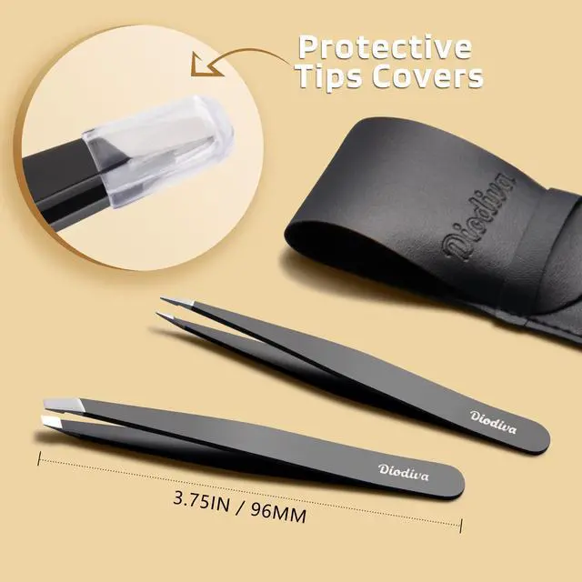 Alt view image 7 of 7 - 2-Pack Tweezers for Eyebrows, Facial Hair, Ingrown Hair Removal, Slant and Point Tip Tweezer Set for Women and Men, Professional Stainless Steel Precision Eyebrow Plucking Grooming with Case - Black