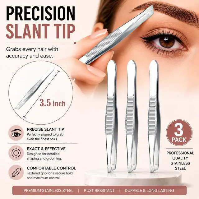 Alt view image 2 of 7 - Precision Slant Tip Tweezers Set (3 Pack) Stainless Steel Eyebrow Tweezers for Facial Hair, Ingrown Hair & Fine Hair Removal, Professional Beauty Grooming Tool