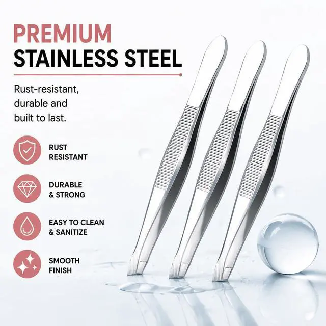 Alt view image 3 of 7 - Precision Slant Tip Tweezers Set (3 Pack) Stainless Steel Eyebrow Tweezers for Facial Hair, Ingrown Hair & Fine Hair Removal, Professional Beauty Grooming Tool