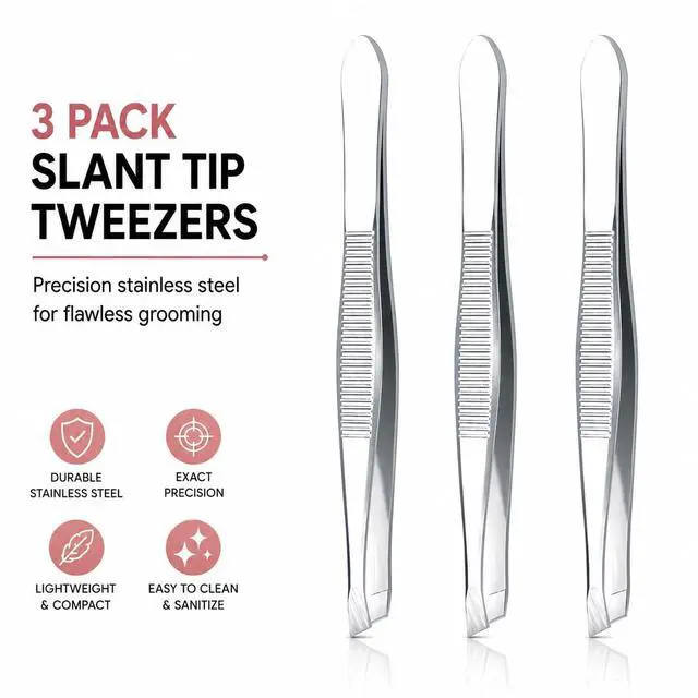 Alt view image 7 of 7 - Precision Slant Tip Tweezers Set (3 Pack) Stainless Steel Eyebrow Tweezers for Facial Hair, Ingrown Hair & Fine Hair Removal, Professional Beauty Grooming Tool