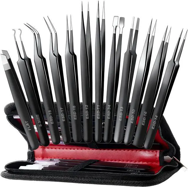 Main image of 12 Pack Precision Tweezers Set for Craft, Soldering, Jewelry, Facial Hair, Eyebrow, Ingrown Hair Removal, Eyelash Extension- with Case