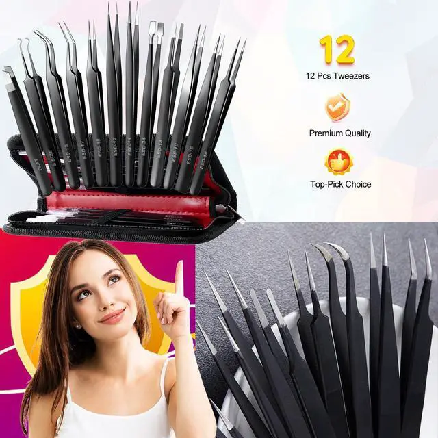 Alt view image 2 of 7 - 12 Pack Precision Tweezers Set for Craft, Soldering, Jewelry, Facial Hair, Eyebrow, Ingrown Hair Removal, Eyelash Extension- with Case