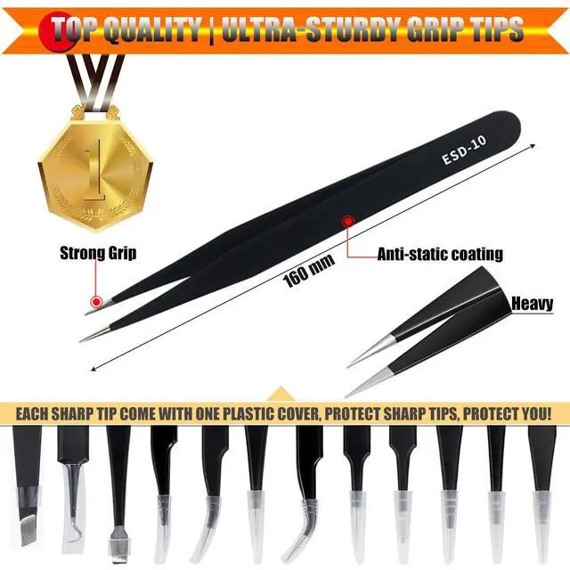 Alt view image 3 of 7 - 12 Pack Precision Tweezers Set for Craft, Soldering, Jewelry, Facial Hair, Eyebrow, Ingrown Hair Removal, Eyelash Extension- with Case