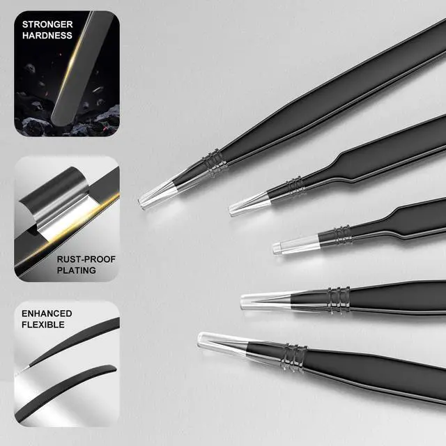 Alt view image 6 of 7 - 12 Pack Precision Tweezers Set for Craft, Soldering, Jewelry, Facial Hair, Eyebrow, Ingrown Hair Removal, Eyelash Extension- with Case