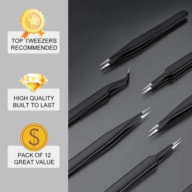 Alt view image 7 of 7 - 12 Pack Precision Tweezers Set for Craft, Soldering, Jewelry, Facial Hair, Eyebrow, Ingrown Hair Removal, Eyelash Extension- with Case
