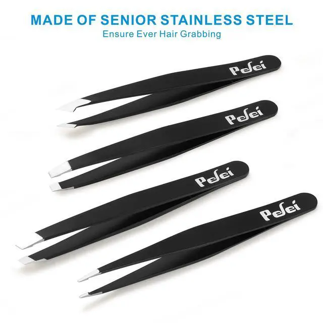 Alt view image 4 of 7 - Tweezers Set - Professional Stainless Steel Tweezers for Eyebrows - Great Precision for Facial Hair, Splinter and Ingrown Hair Removal (Black)