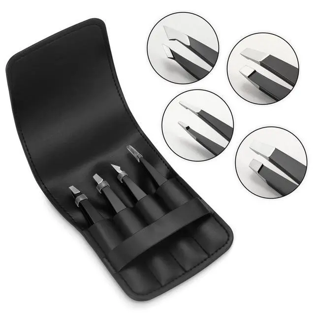 Alt view image 6 of 7 - Tweezers Set - Professional Stainless Steel Tweezers for Eyebrows - Great Precision for Facial Hair, Splinter and Ingrown Hair Removal (Black)