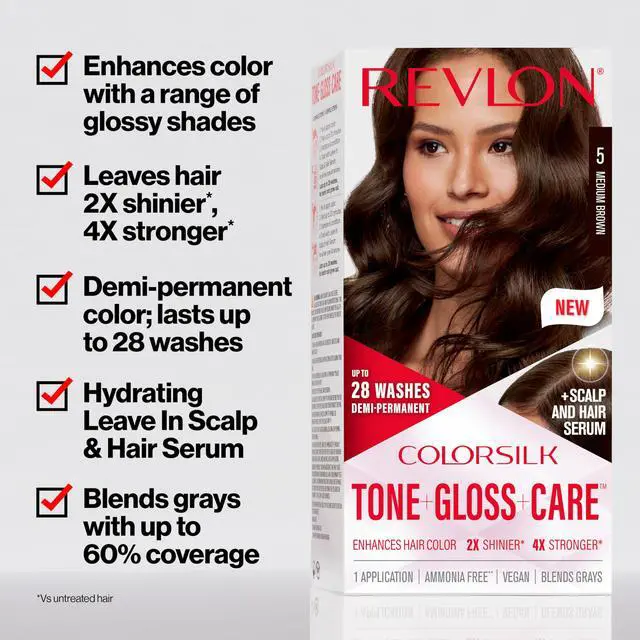 Alt view image 2 of 7 - ColorSilk Tone + Gloss + Care Demi Permanent Hair Color, Dye Kit with Leave-In Scalp and Haircare Serum, 2x Shinier, 4x Stronger, 5 Medium Brown, 4.5 fl oz