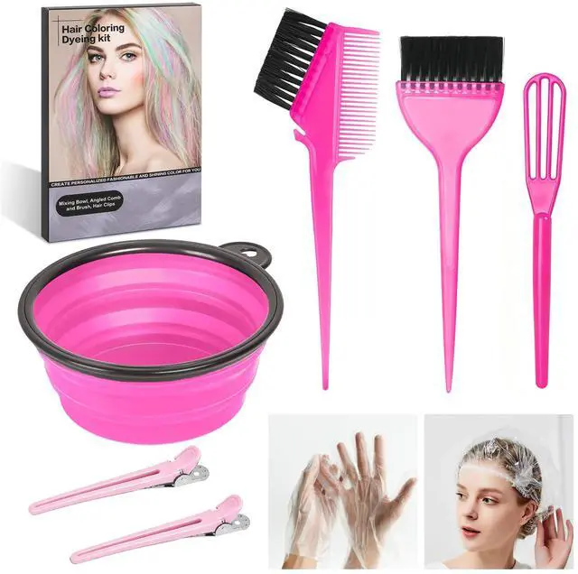 Main image of 8 Pcs Hair Coloring Kit - Professional Hair Dye Tools for Home Salon Use with Bowl, Brush, Comb, Clips, Gloves & Shower Cap - Reusable Supplies (8, Pink)