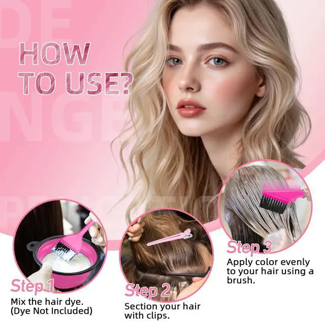 Alt view image 2 of 6 - 8 Pcs Hair Coloring Kit - Professional Hair Dye Tools for Home Salon Use with Bowl, Brush, Comb, Clips, Gloves & Shower Cap - Reusable Supplies (8, Pink)