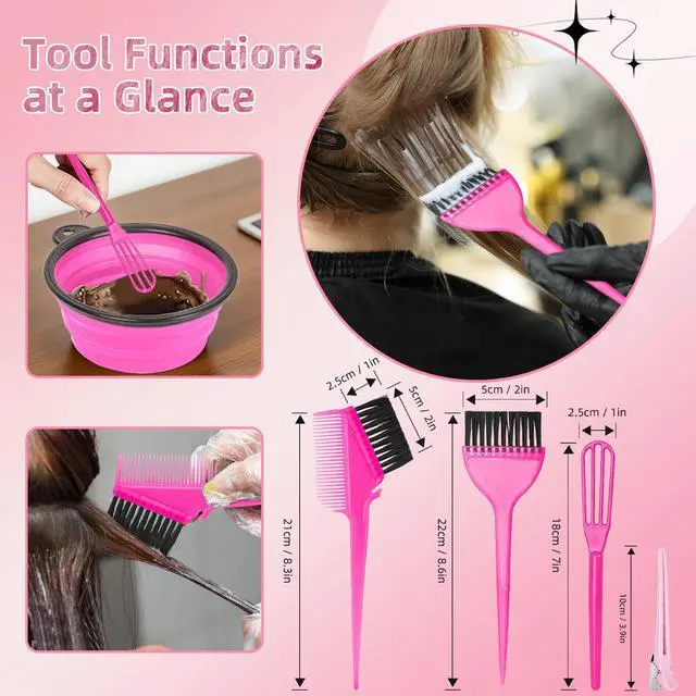 Alt view image 3 of 6 - 8 Pcs Hair Coloring Kit - Professional Hair Dye Tools for Home Salon Use with Bowl, Brush, Comb, Clips, Gloves & Shower Cap - Reusable Supplies (8, Pink)