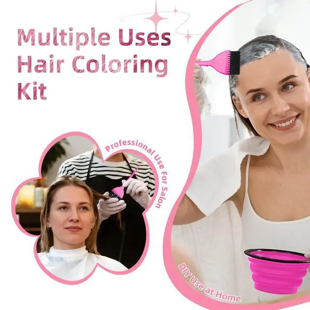 Alt view image 5 of 6 - 8 Pcs Hair Coloring Kit - Professional Hair Dye Tools for Home Salon Use with Bowl, Brush, Comb, Clips, Gloves & Shower Cap - Reusable Supplies (8, Pink)